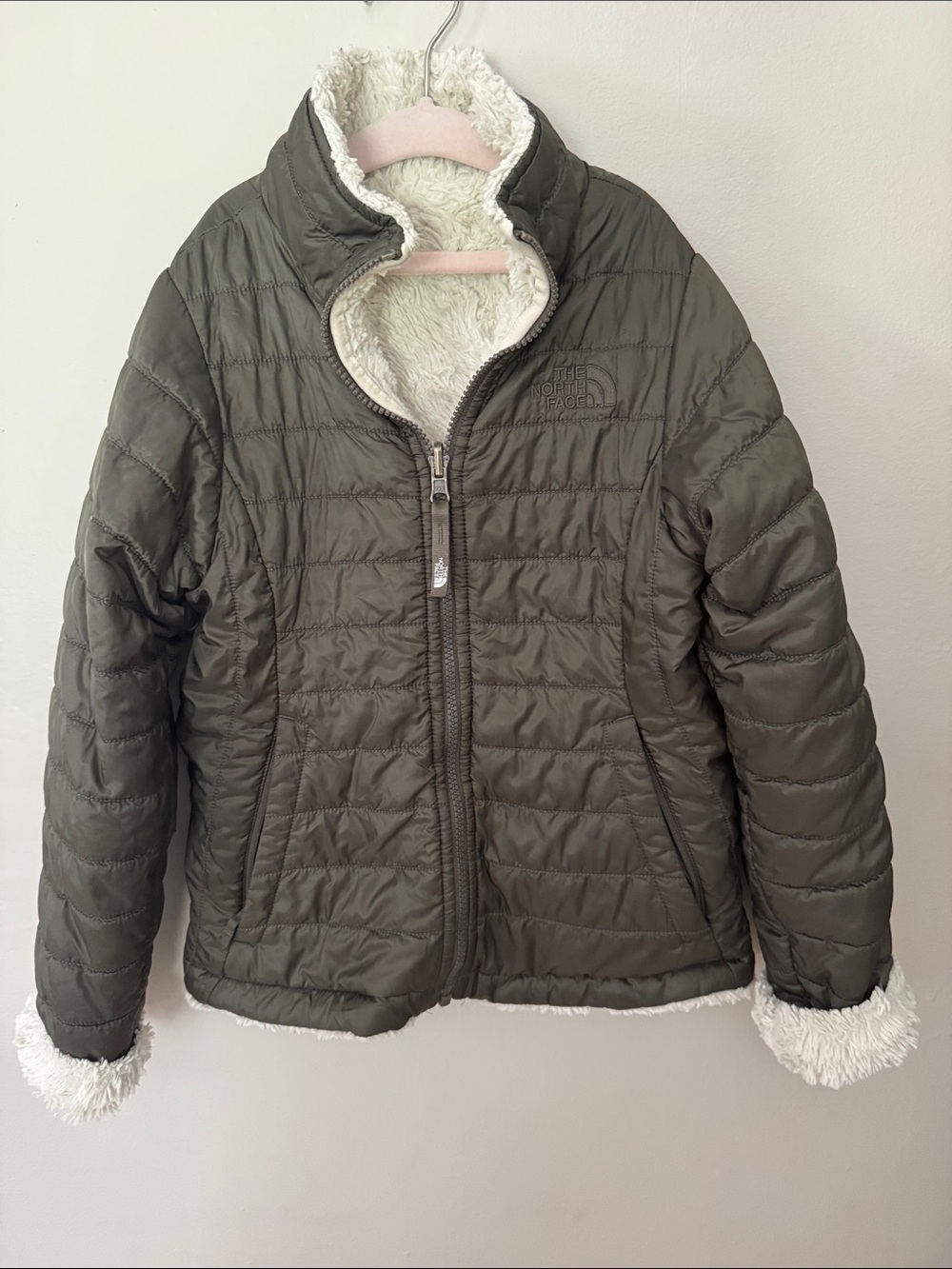 The North Face Olive Mossbud Jacket with cream Sherpa Lining